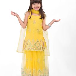Babyhug Woven Sleeveless Net Sequins Embroidered Kurti Palazzo Set with Dupatta - Yellow-picture-12