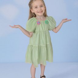 Kookie Kids Half Sleeves Tiered Frock with Floral Applique - Light Green-image-23