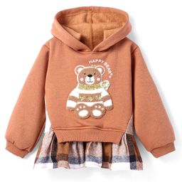 Little Kangaroos Fleece Knit Full Sleeves Bear Embroidered Hooded Overlap Sweatshirt- Dark Peach-image-20