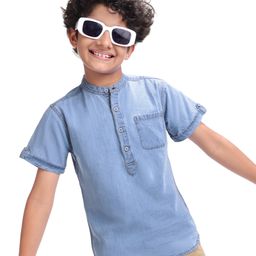 Pine Kids Denim Woven Half Sleeves Mandarin Collar Washed Shirt - Light Blue-picture-18
