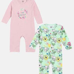 MINI KLUB Cotton Pack Of 2 Full Sleeves Floral & Want Cuddles Text Printed Rompers - Pink & Blue-image-64