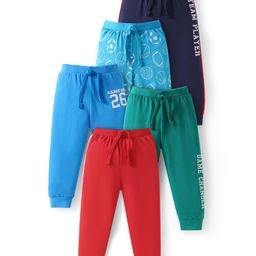 Babyhug Single Jersey Knit Full Length Lounge Pants with Sport Theme Text Print Pack of 5 -Blue Red & Green-image-92