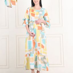 Moms Maternity Three Fourth Bell Sleeves Abstract Printed Maternity Maxi Dress With Concealed Zipper Nursing Access - Multi Colour-image-27