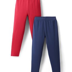 Pine Kids Cotton Lycra Knit Full Length Solid Leggings Pack of 2 - Navy Blue & Red-image-45