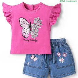 Babyoye Cotton Knit Frill Sleeves T-Shirt & Shorts Set With Butterfly & Floral Print & Embroidery - Dark Pink & Blue-image-87