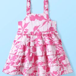 Babyhug Rayon Woven Sleeveless Dress With Floral Print - White & Dark Pink-image-14