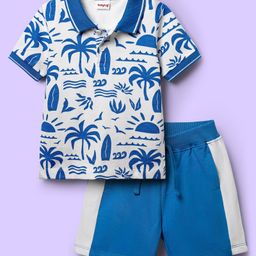 Babyhug Single Jersey Knit Half Sleeves Polo T-Shirt & Shorts Set With Tree Print - White & Blue-image-108