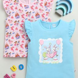 BUMZEE Cotton Knit Frill Sleeves T-Shirts with Unicorn & Bunny Print Pack Of 2 - Light Blue & Pink-image-125