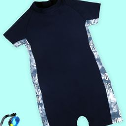 Kiddopanti Half Raglan Sleeves Typography Side Printed & Cut & Sew Detailed Swimsuit - Navy Blue & Grey-picture-3