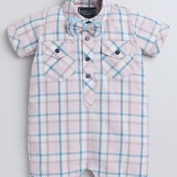 Polka Tots Cotton Half Sleeves Checked Shirt Style Romper With Set - Mauve-image-64