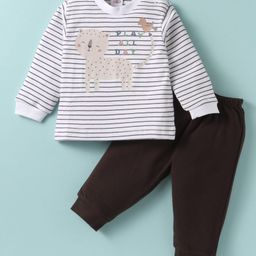 Zero Sinker Knit Full Sleeves Striped T-Shirt & Lounge Pant Set With Animal & Bird Print - Brown-image-81