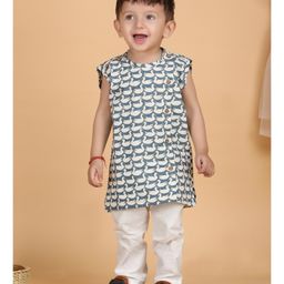 Polka Tots Cotton Sleeveless Swans Printed Jhabla & Pant Set - Grey-image-35