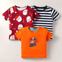 Kidi Wav Cotton Pack Of 3 Half Sleeves Vehicles Printed & Striped Tees - Multi Colour-image-87