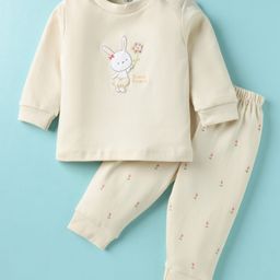 Zero Interlock Knit Full Sleeves Night Suit with Floral Print & Bunny Patch Detailing - Cream-image-92