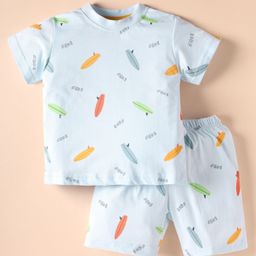 Zero Sinker Knit Half Sleeves Shorts Co-ord Night Suit with Surf Board Print - Blue-picture-1