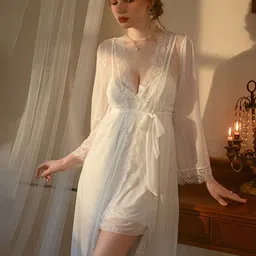 LULU & SKY Shoulder Straps Lace Sweat Nightdress With Robe-image-51