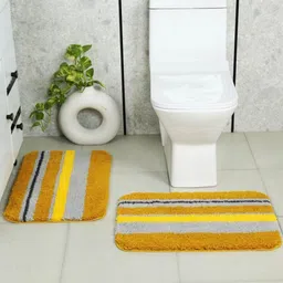 Saral Home 2Pcs Yellow & Grey Striped 2200 GSM Microfibre Anti-Skid Bath Rugs-17