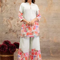 AUTUMN LANE Hardik Cameo Printed Mandarin Collar Linen Tunic With Trousers Co-Ords-picture-18