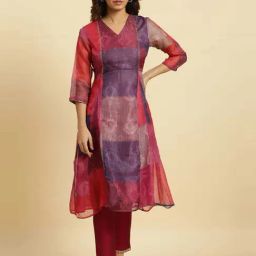 W Red & Purple Printed Fit and Flare Kurta-image-69