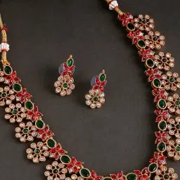 OOMPH Antique Gold Tone Red & Green Stone Temple Necklace Set with Drop Earrings-2