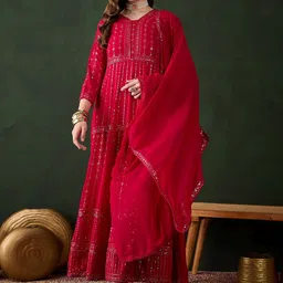 Miss Ethnik Floral Embroidered Pleated Sequinned Kurta With Trousers & Dupatta-image-69