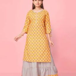 Aarika Kids Yellow & Grey Floral Print Kurti with Skirt-image-66