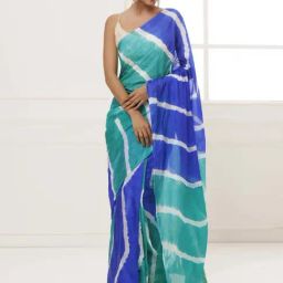 Geroo Jaipur Blue & Green Silk Striped Saree Without Blouse-picture-18