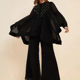 Mabish Embellished Mandarin Collar Flared Sleeve Georgette Longline Top-image-6