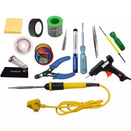 Fadman 14 In 1 Soldering Iron Kit, Solder Wire, Paste, Stand, Wick, Cutter, Sponge, Tape, Bit, Pump, Tester, Tweezer, 2In1 Screw Driver, 20W Glue Gun, Yellow & Black 25 W Simple (Flat Tip)-6