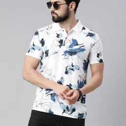 Kryptic Men Floral Printed Polo Collar Applique T-shirt-image-52