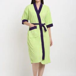 Creeva Everyday Parrot Green & Indigo 225 GSM Micro Terry Bathrobe with Front Pocket & Kimono Collar-68