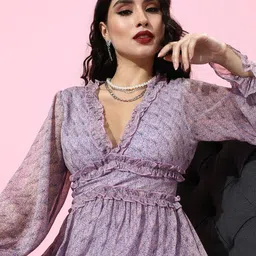 QUIERO Floral Print Ruffled Georgette Fit & Flare Mini Dress-image-82