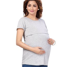 Mama & Bebe Half Sleeves Solid Melange Soft Knitted Maternity & Nursing Tee With Concealed Zipper - Grey-image-37