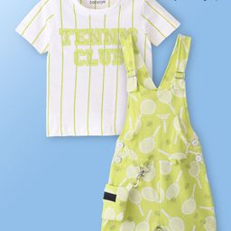 Babyoye 100% Cotton Dungaree With Half Sleeves Tee With Text Print - Green & White-image-14