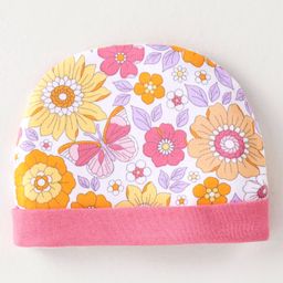Babyhug 100% Cotton Interlock Knit Cap Floral Print - Pink & White-image-63