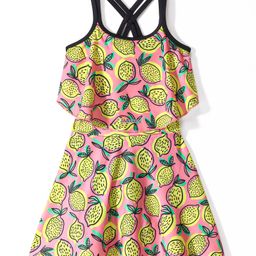 ROVARS Lycra Sleeveless Lemon Printed Frock Style Swimsuit - Pink & Yellow-image-18