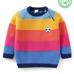 Babyhug Cotton Knitted Full Raglan Sleeves Color Block Pullover Sweater - Blue Yellow & Pink-image-28