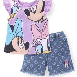 Babyhug Disney Cotton Knit Frill Sleeves Top & Denim Shorts Set With Minnie Mouse Graphic - Purple-image-46