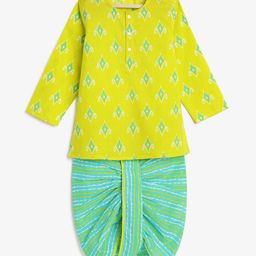 Campana 100% Cotton Diamond Printed Kurta & Dhoti Set - Lime Green & Blue-image-2