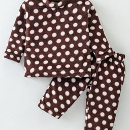 Kanvin Supersoft Extra Warm Velour Full Sleeves Winter Wear Night Suit with Polka Dots - Brown-image-28