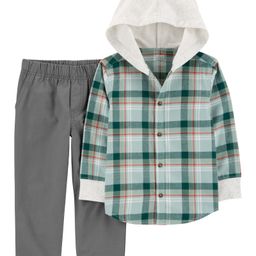 Carter's Knit Full Sleeves Checkered Hooded Shirt & Trouser Set - Green & Grey-image-25