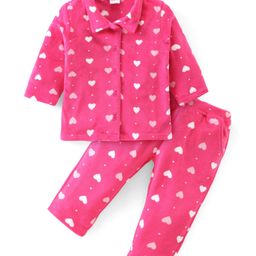 Babyhug Fleece Woven Full Sleeves Collared Winter Wear Co-Ord Suit With Hearts Print - Fuchsia-image-60