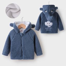 Kookie Kids Full Raglan Sleeves Solid Color Hooded Fur Jacket with Elephant Applique - Navy Blue-image-49