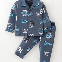 Doreme Single Jersey Knit Full Sleeves Front Open Night Suit With Varsity Print - Grey-image-53