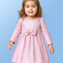 Babyoye Woven Full Sleeves Shimmer Party Frock with Bow Applique - Baby Pink-image-80