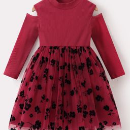 Kookie Kids Full Cold Shoulder Sleeves Party Frock With Floral Patch - Maroon-image-31