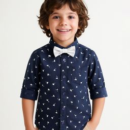Babyhug Woven Full Sleeves Floral Printed Party Shirt with Bow - Navy Blue-image-61