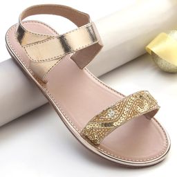 Pine Kids Formal & Party Wear Sandal with Velcro Closer& Sequence Embroidery - Gold-image-3
