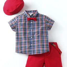 ToffyHouse Cotton Knit Half sleeves Checks Shirt & Short Set with Bow Suspender & Cap - Navy Blue Red-image-67