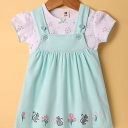 ToffyHouse Cotton Woven Frock & Half Sleeves Inner Tee With Floral Print & Embroidery - Sea Green-picture-16